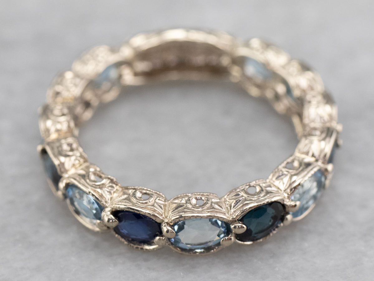 Scalloped Sapphire and Blue Topaz White Gold Band