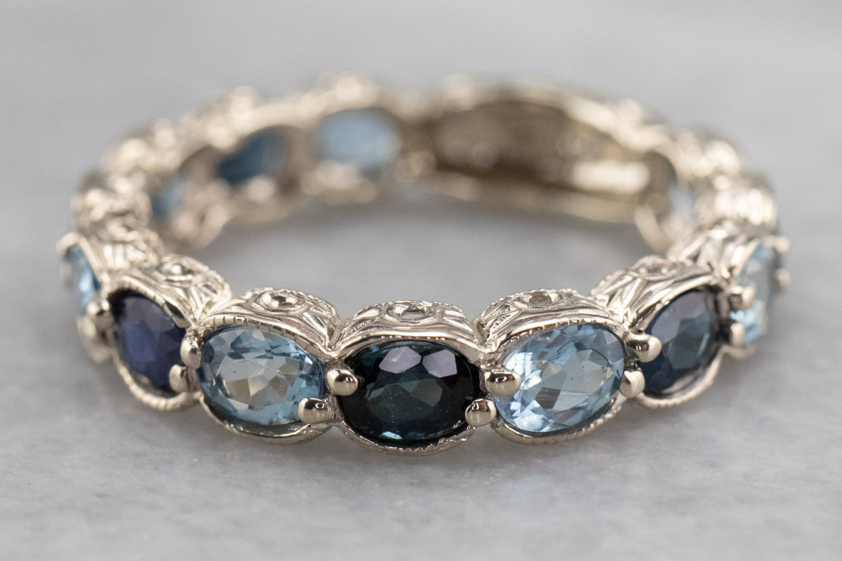 Scalloped Sapphire and Blue Topaz White Gold Band