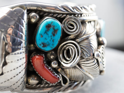 Navajo Coral and Turquoise Tissot Watch Cuff