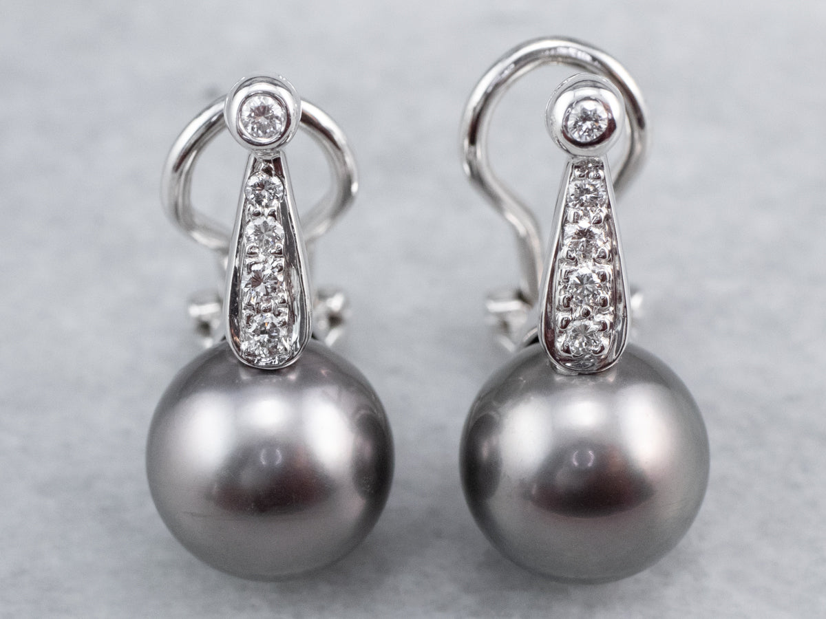 Black Pearl and Diamond Drop Earrings