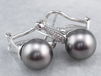 Black Pearl and Diamond Drop Earrings