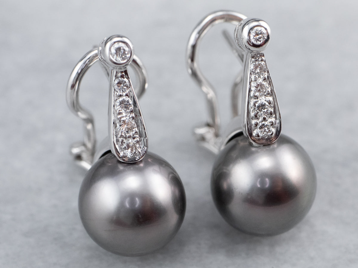 Black Pearl and Diamond Drop Earrings