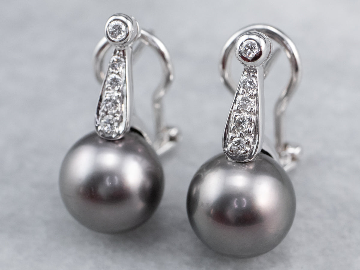 Black Pearl and Diamond Drop Earrings