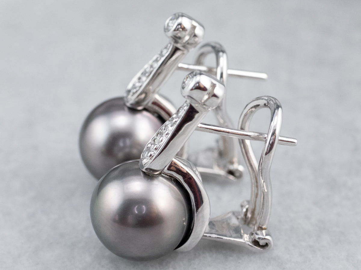 Black Pearl and Diamond Drop Earrings