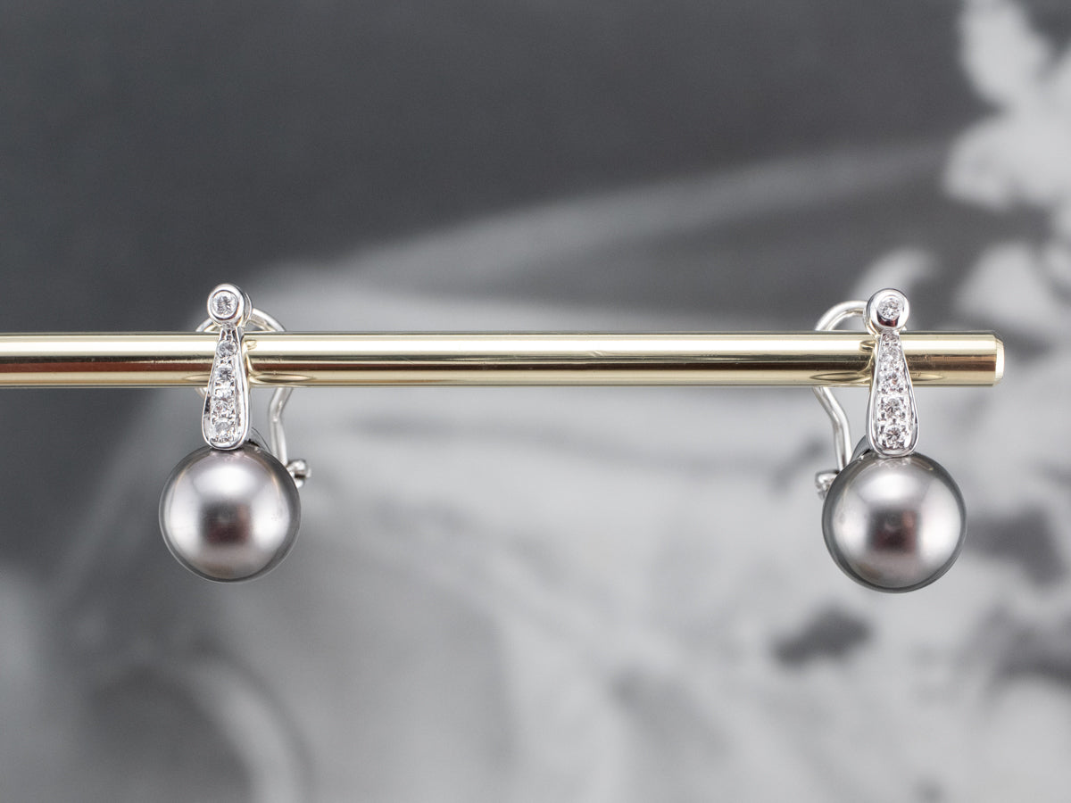 Black Pearl and Diamond Drop Earrings