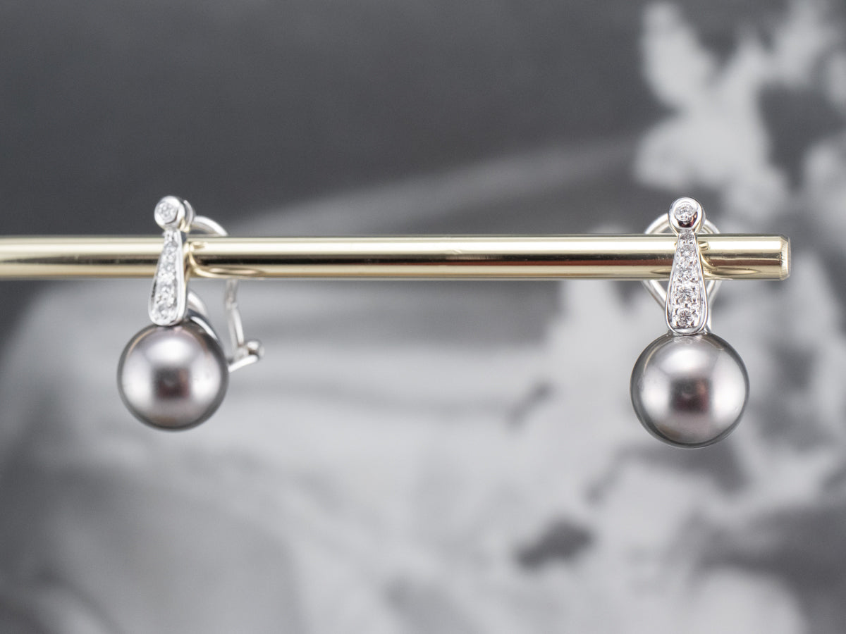 Black Pearl and Diamond Drop Earrings
