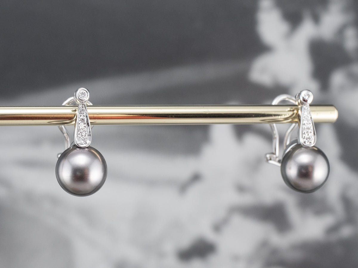 Black Pearl and Diamond Drop Earrings