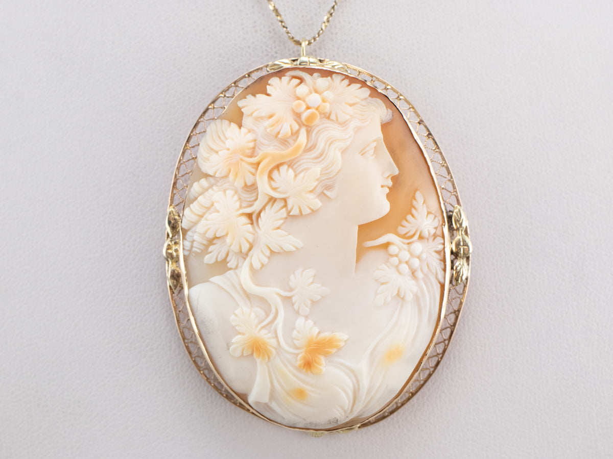 Vintage Bacchante Maiden Cameo Gold Brooch Pendant