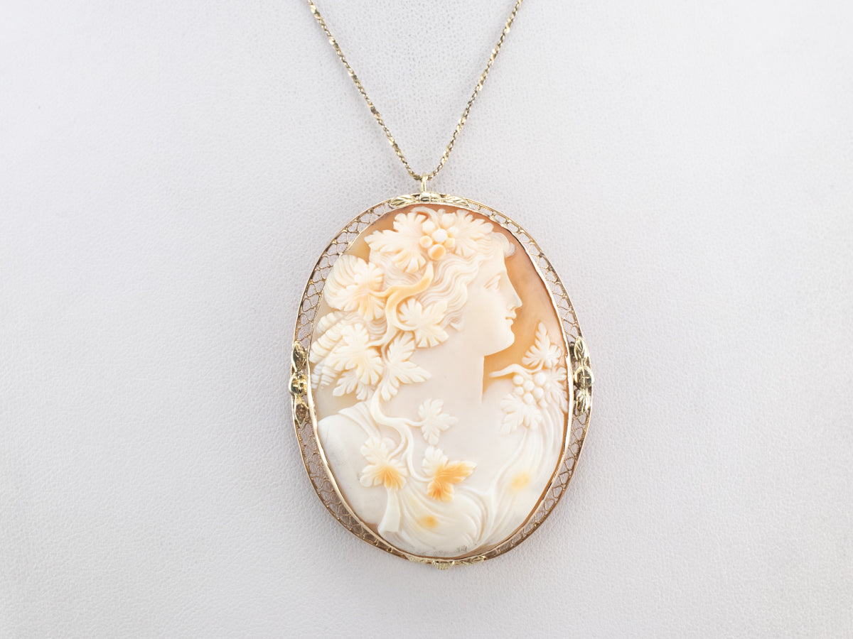 Vintage Bacchante Maiden Cameo Gold Brooch Pendant
