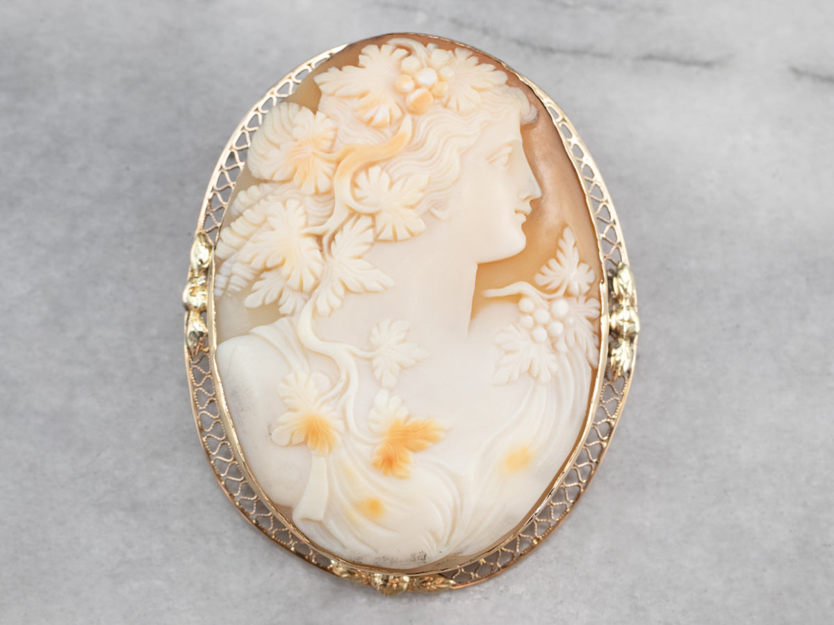 Vintage Bacchante Maiden Cameo Gold Brooch Pendant