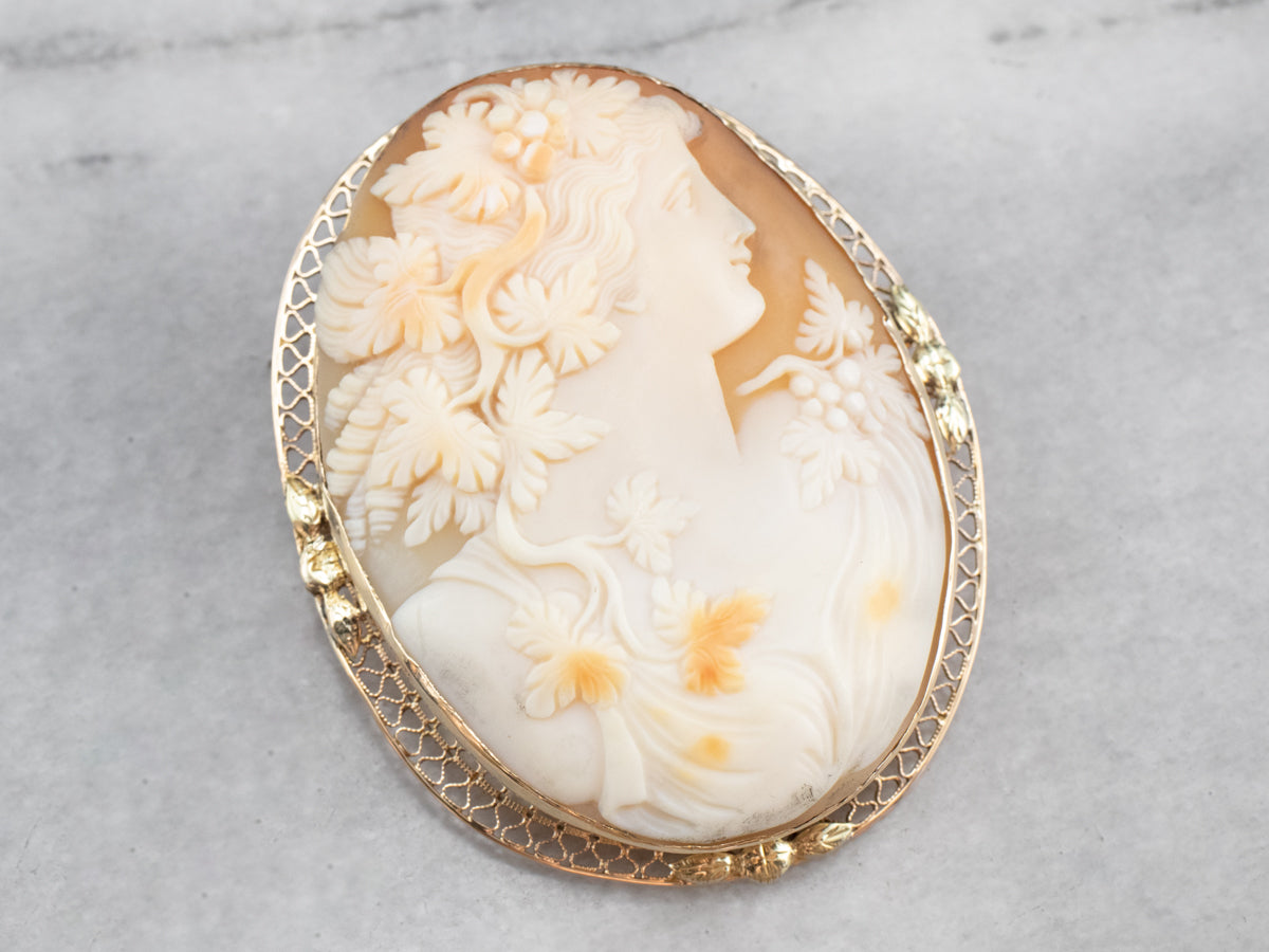 Vintage Bacchante Maiden Cameo Gold Brooch Pendant