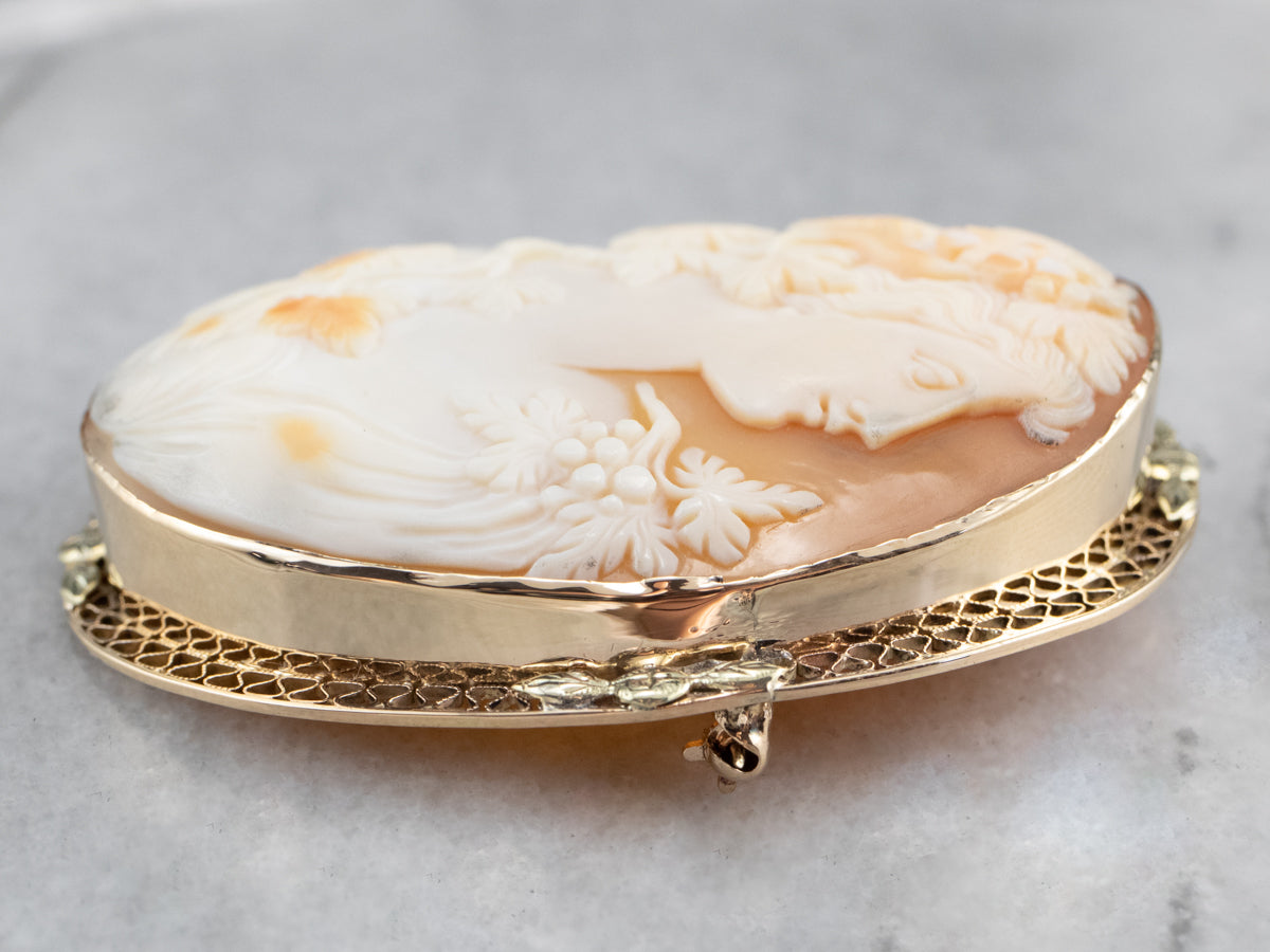 Vintage Bacchante Maiden Cameo Gold Brooch Pendant