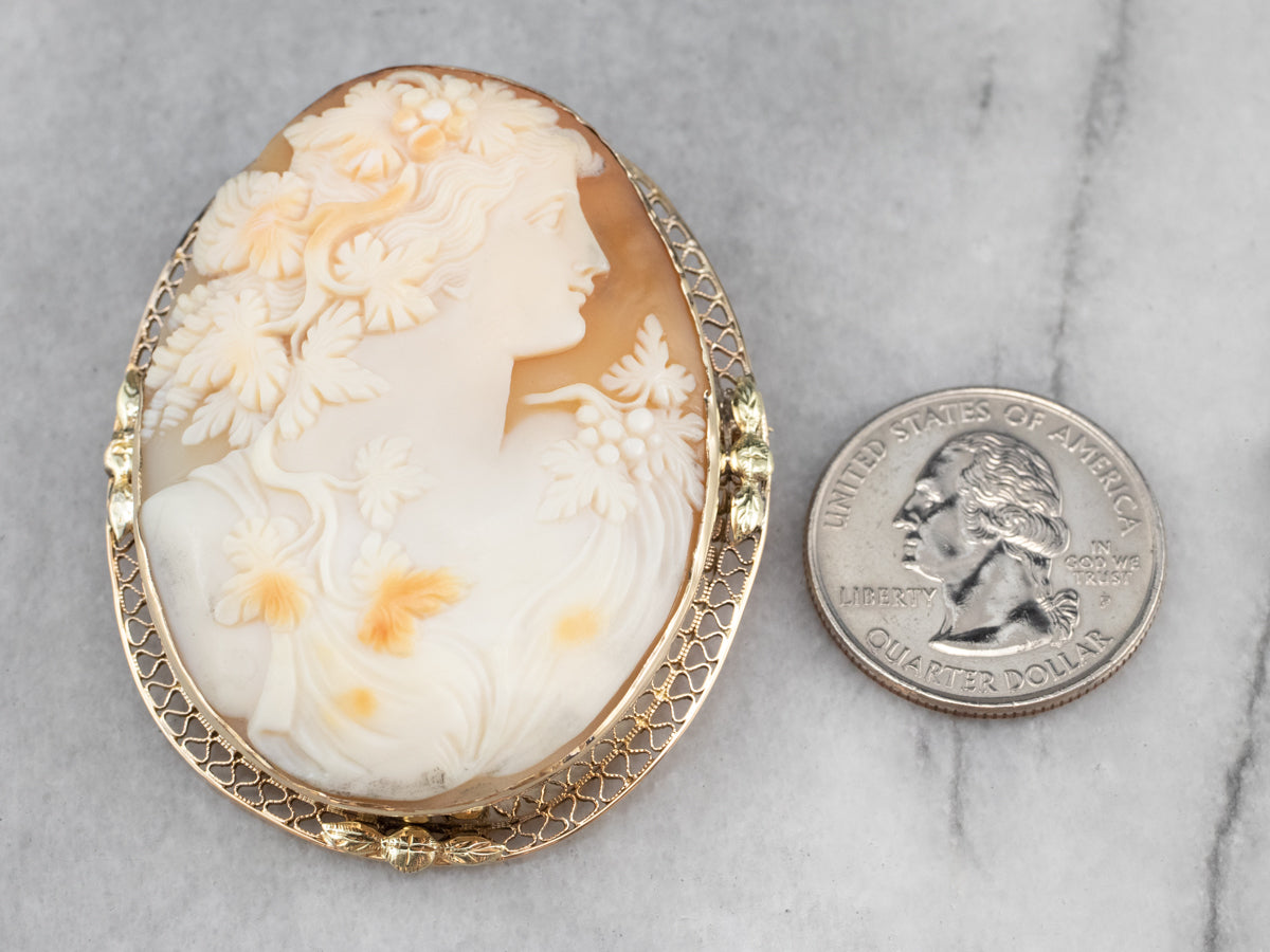 Vintage Bacchante Maiden Cameo Gold Brooch Pendant