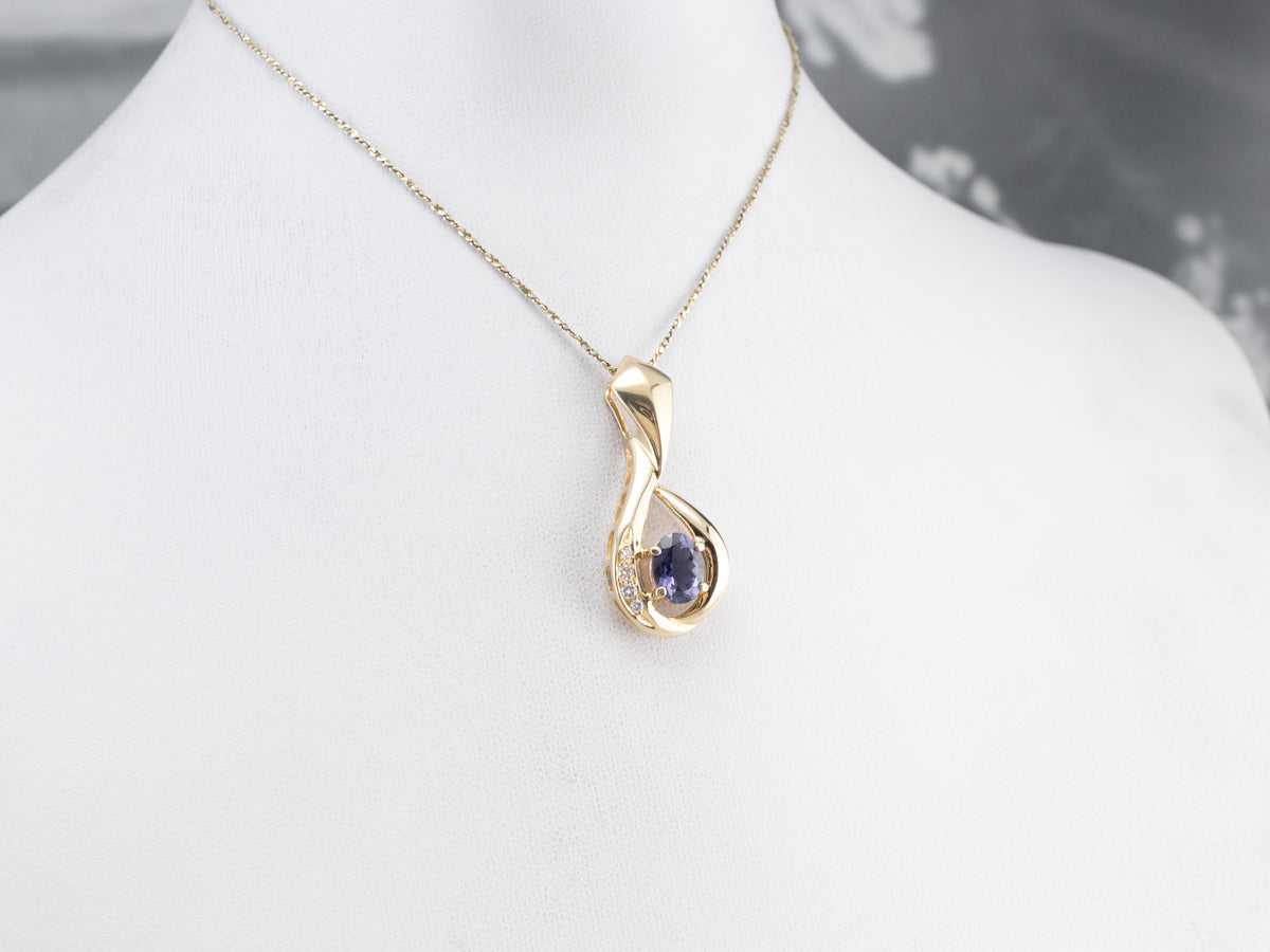 Iolite Diamond Gold Teardrop Pendant