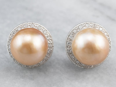 Pink Pearl Diamond Halo Stud Earrings