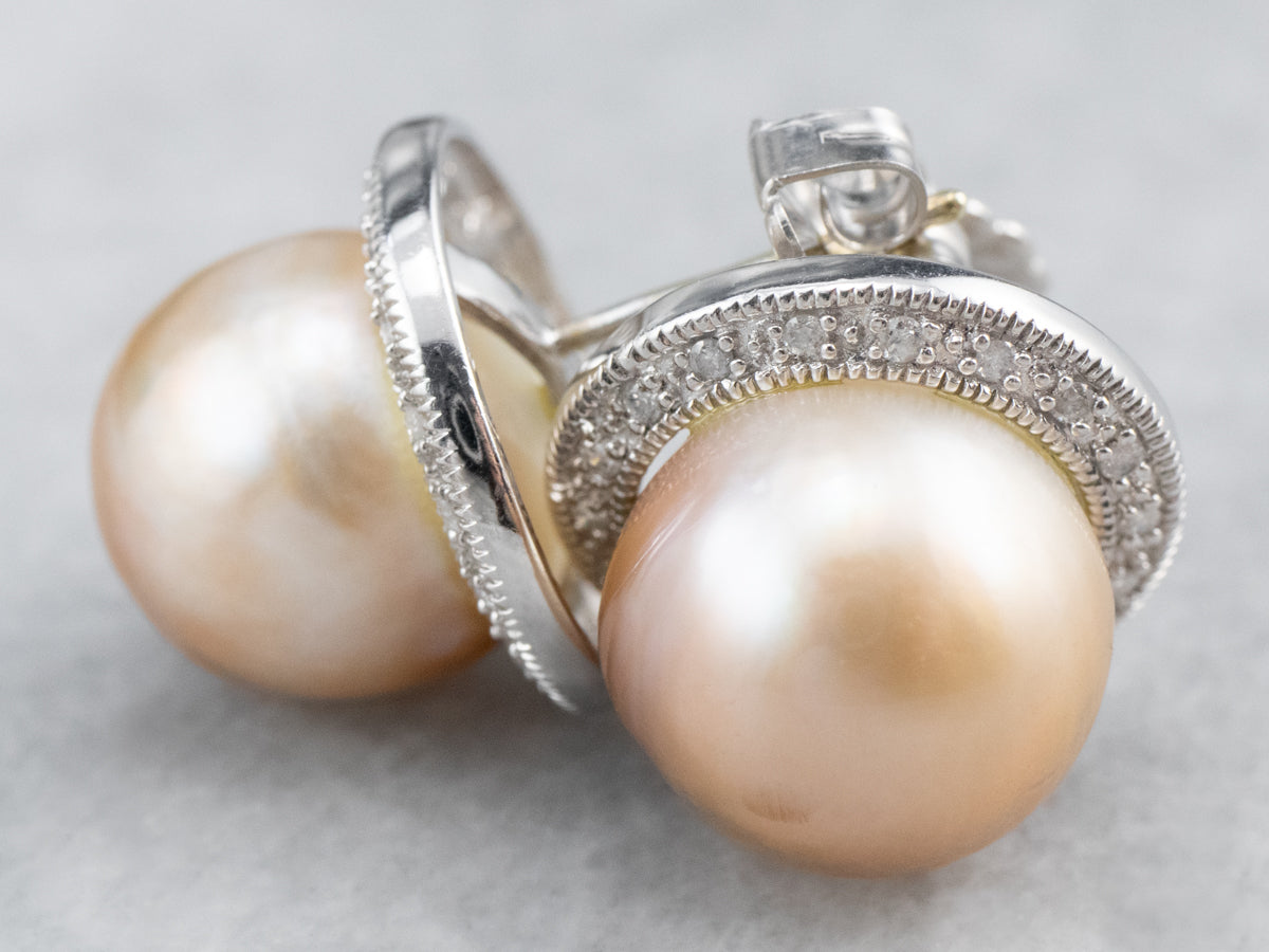Pink Pearl Diamond Halo Stud Earrings