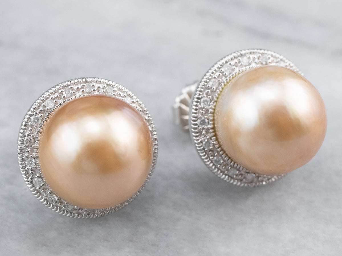 Pink Pearl Diamond Halo Stud Earrings