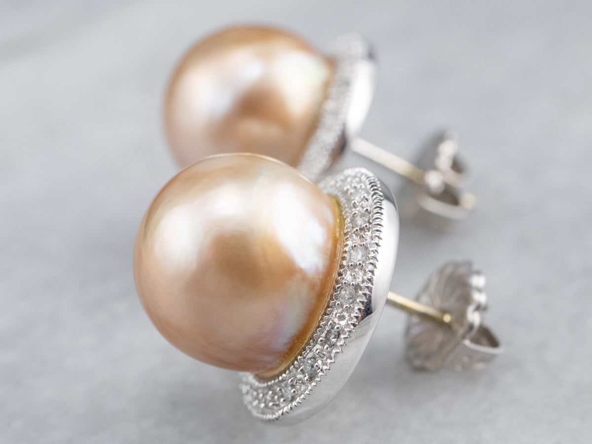Pink Pearl Diamond Halo Stud Earrings