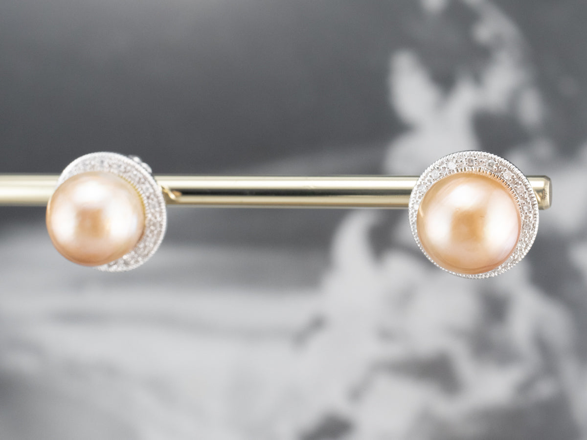 Pink Pearl Diamond Halo Stud Earrings