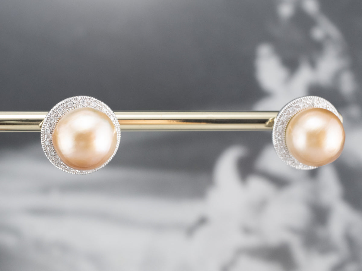 Pink Pearl Diamond Halo Stud Earrings