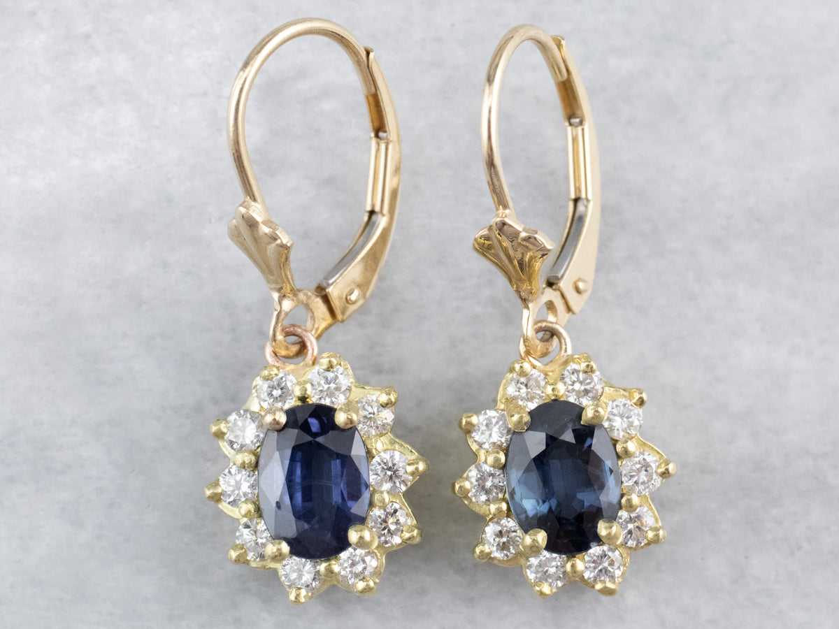 Sapphire Diamond Halo Gold Drop Earrings