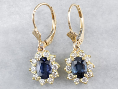 Sapphire Diamond Halo Gold Drop Earrings