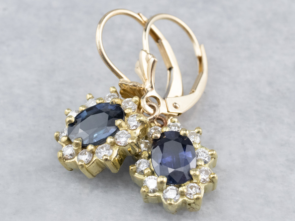 Sapphire Diamond Halo Gold Drop Earrings