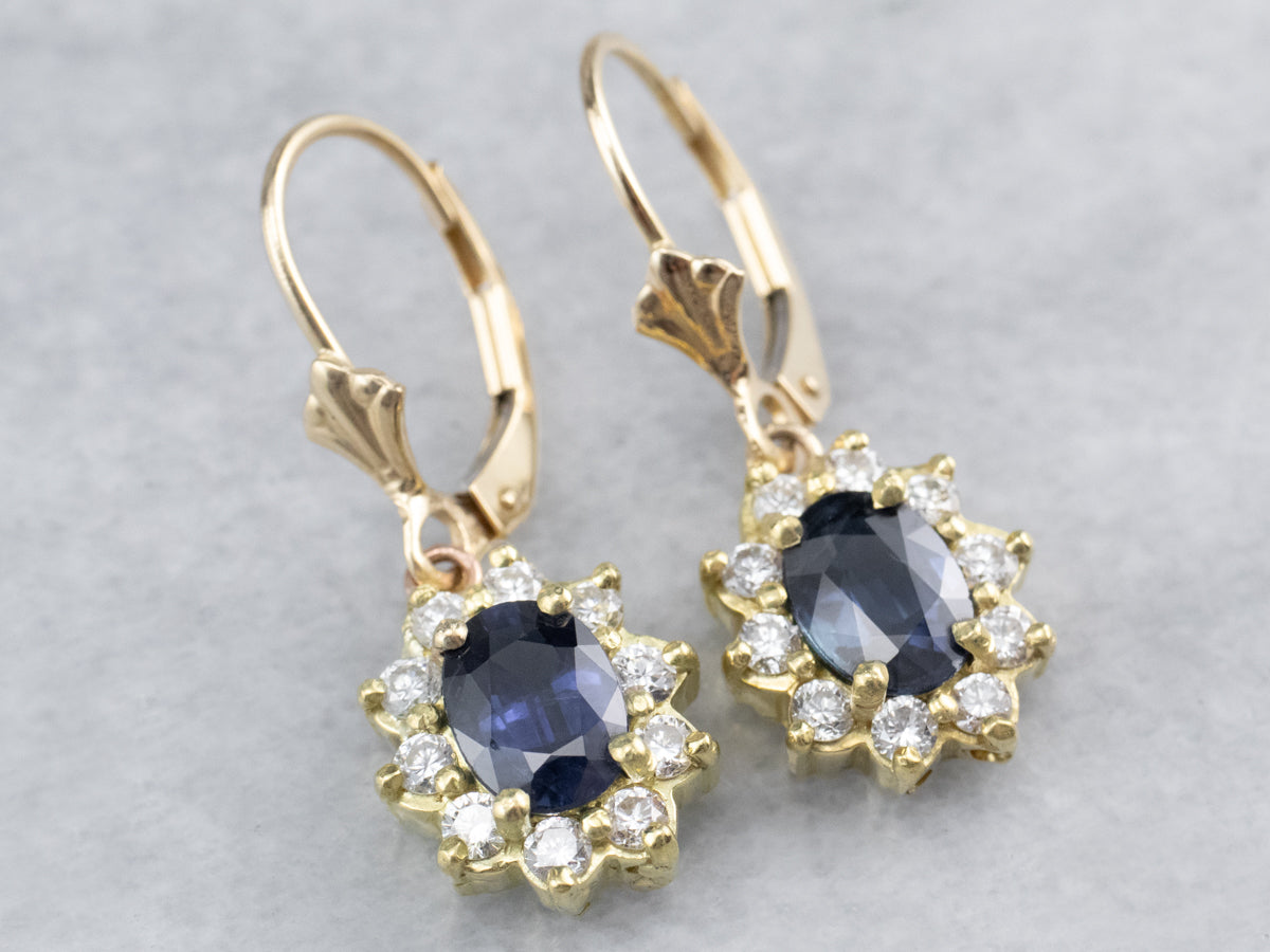 Sapphire Diamond Halo Gold Drop Earrings