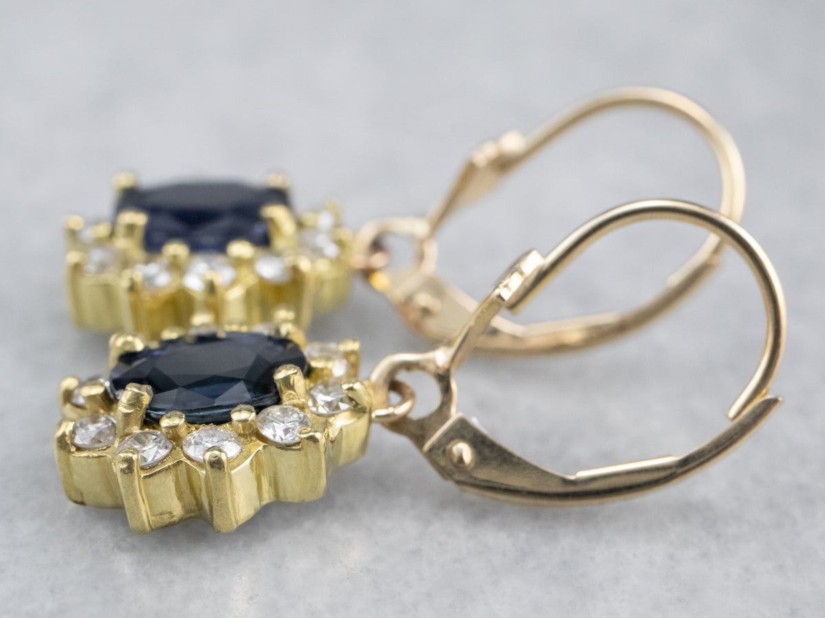 Sapphire Diamond Halo Gold Drop Earrings