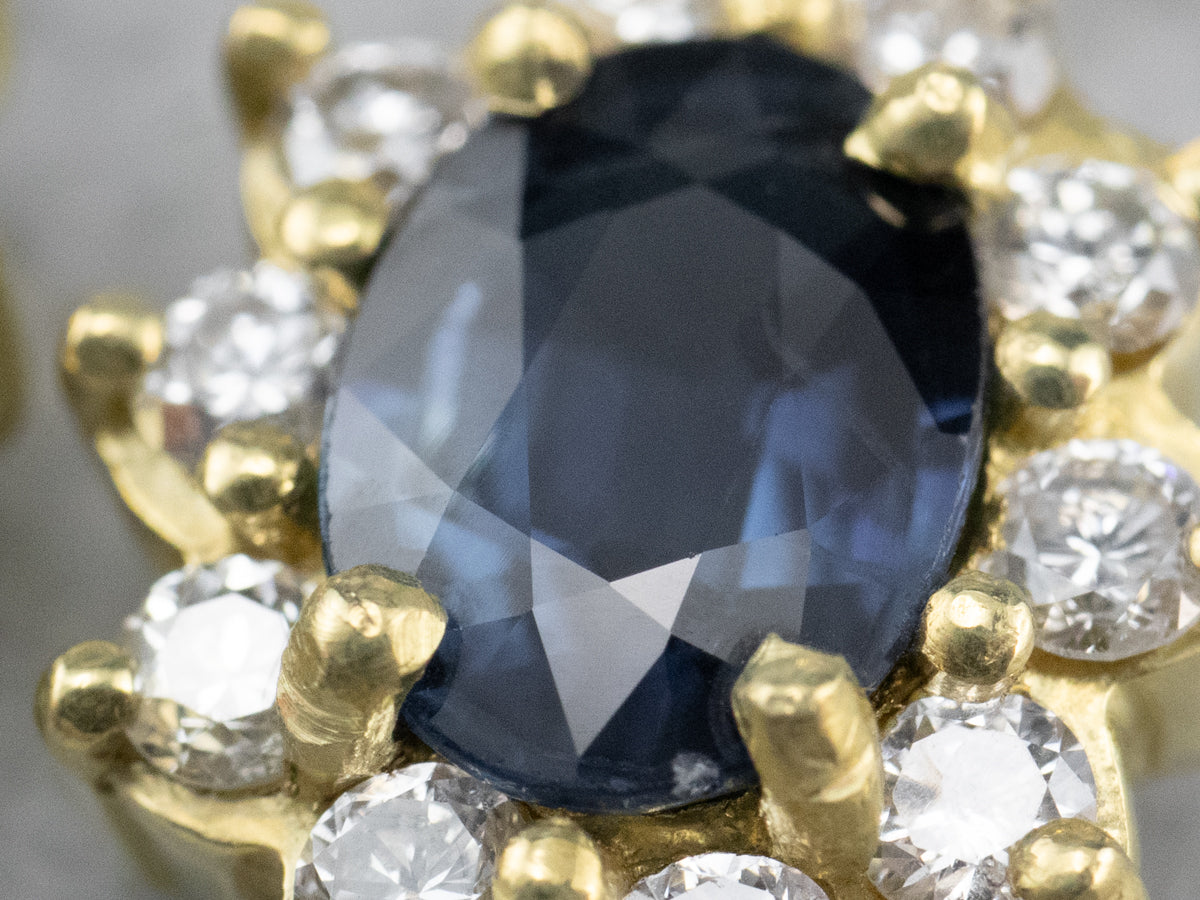 Sapphire Diamond Halo Gold Drop Earrings