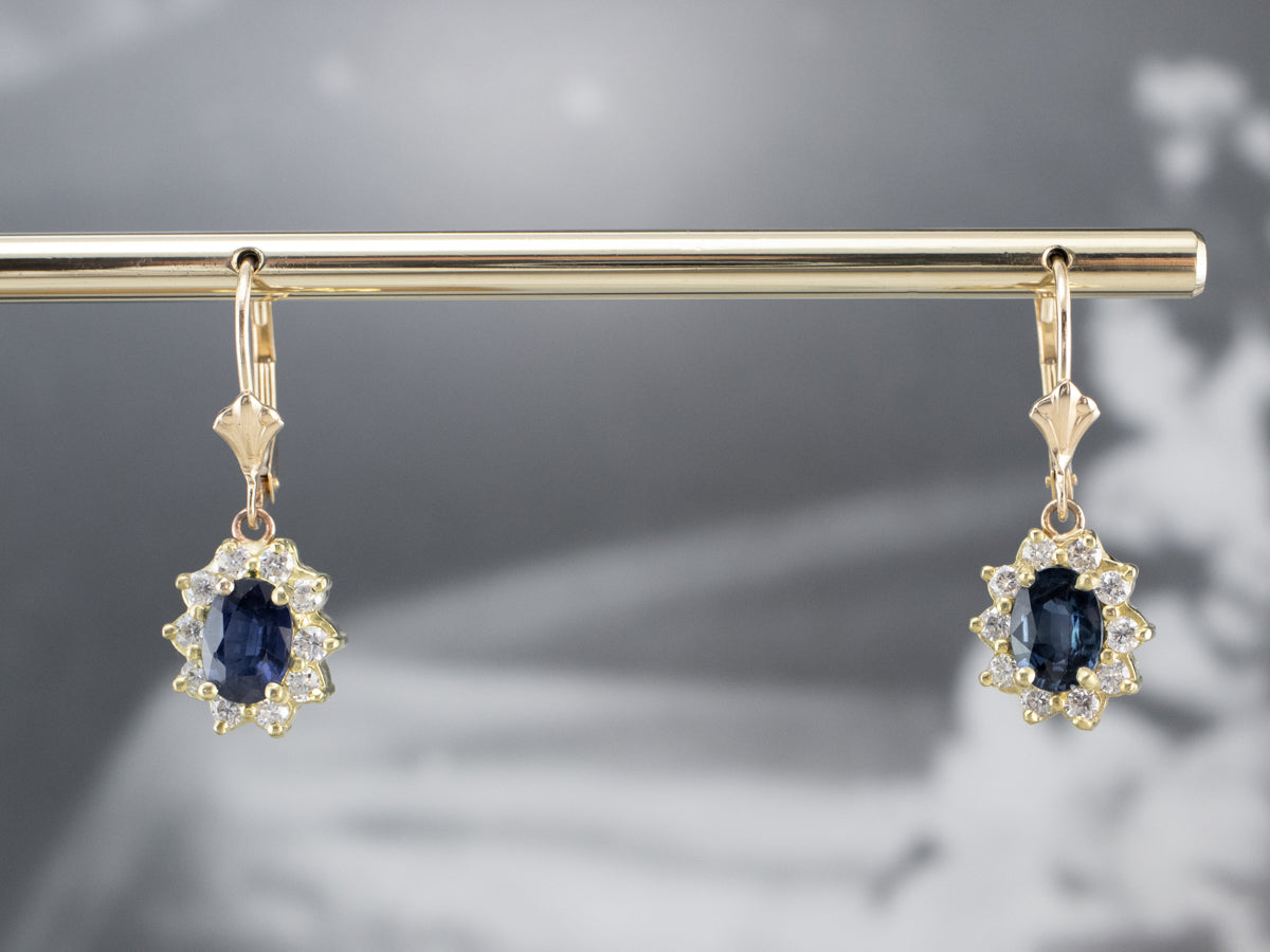 Sapphire Diamond Halo Gold Drop Earrings