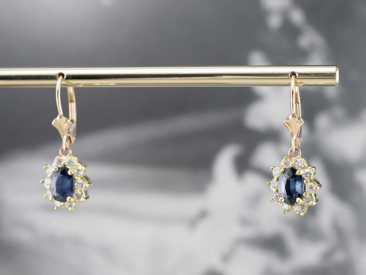 Sapphire Diamond Halo Gold Drop Earrings