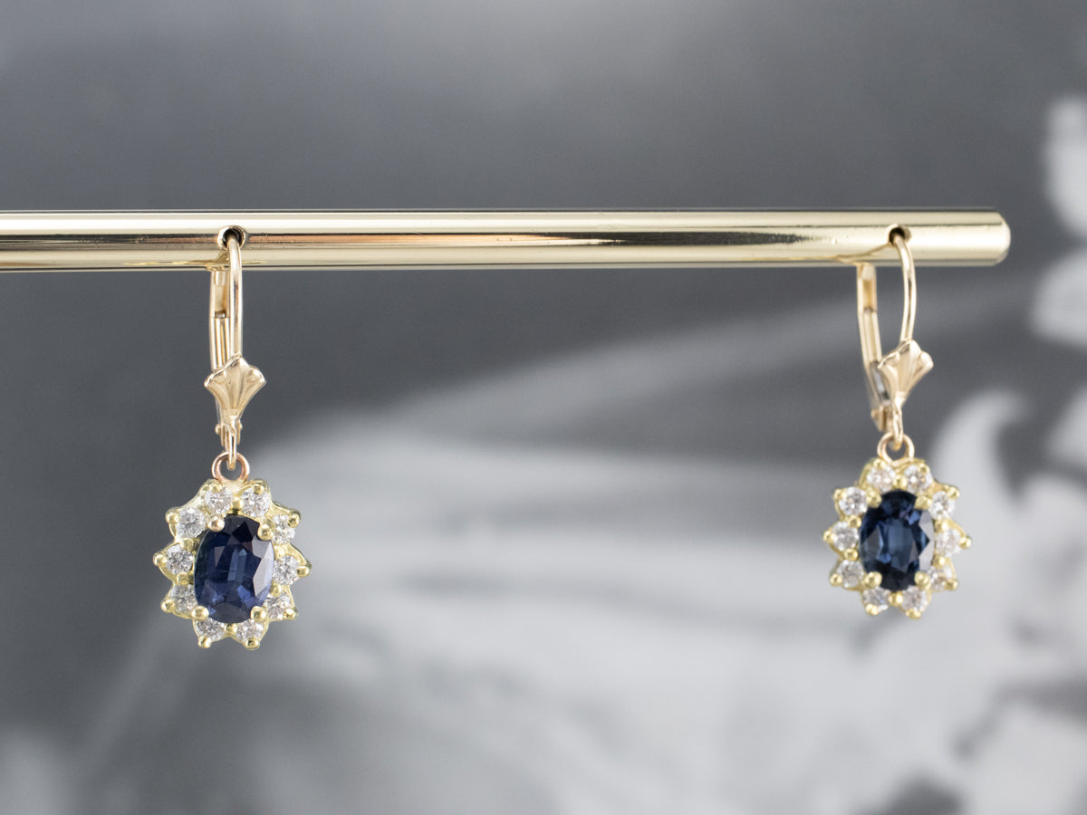 Sapphire Diamond Halo Gold Drop Earrings