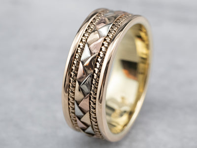Tri Color Gold Woven Patterned Band Ring