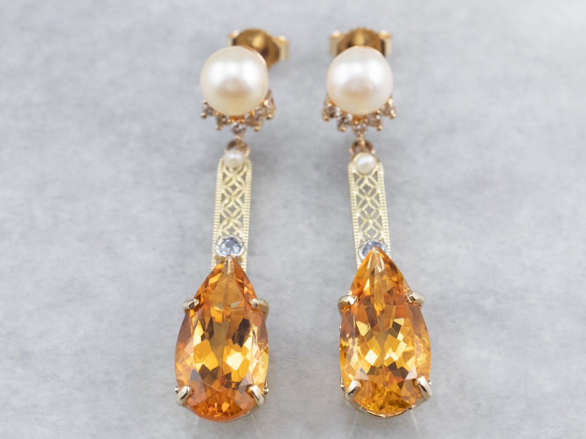 Citrine Pearl Gold Filigree Bar Drop Earrings