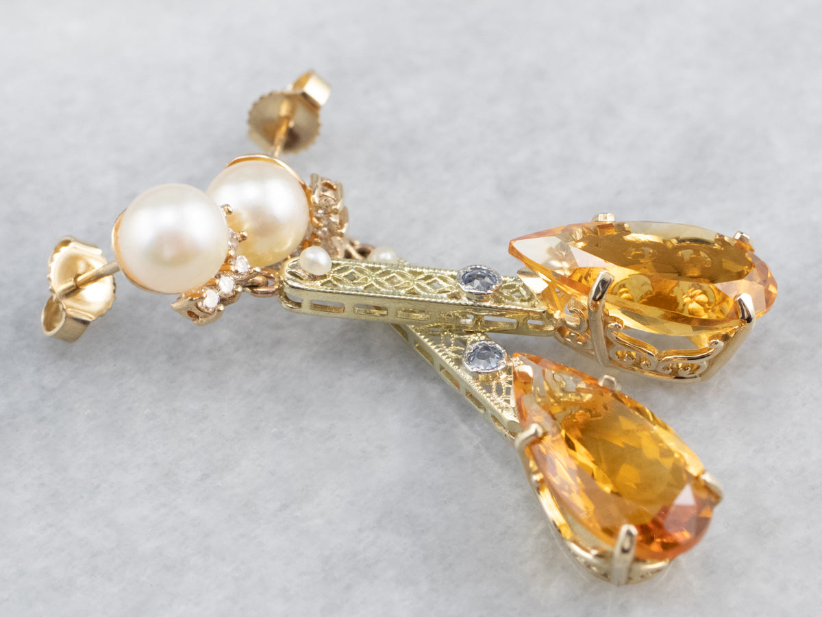 Citrine Pearl Gold Filigree Bar Drop Earrings