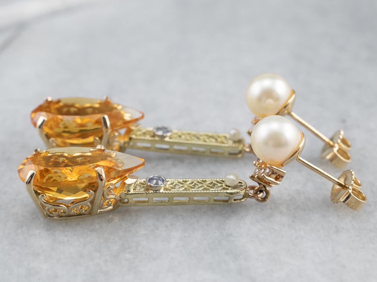 Citrine Pearl Gold Filigree Bar Drop Earrings