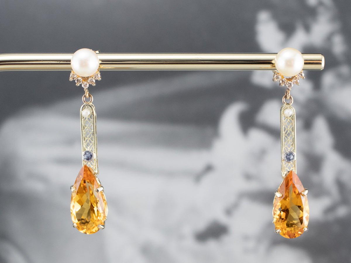 Citrine Pearl Gold Filigree Bar Drop Earrings