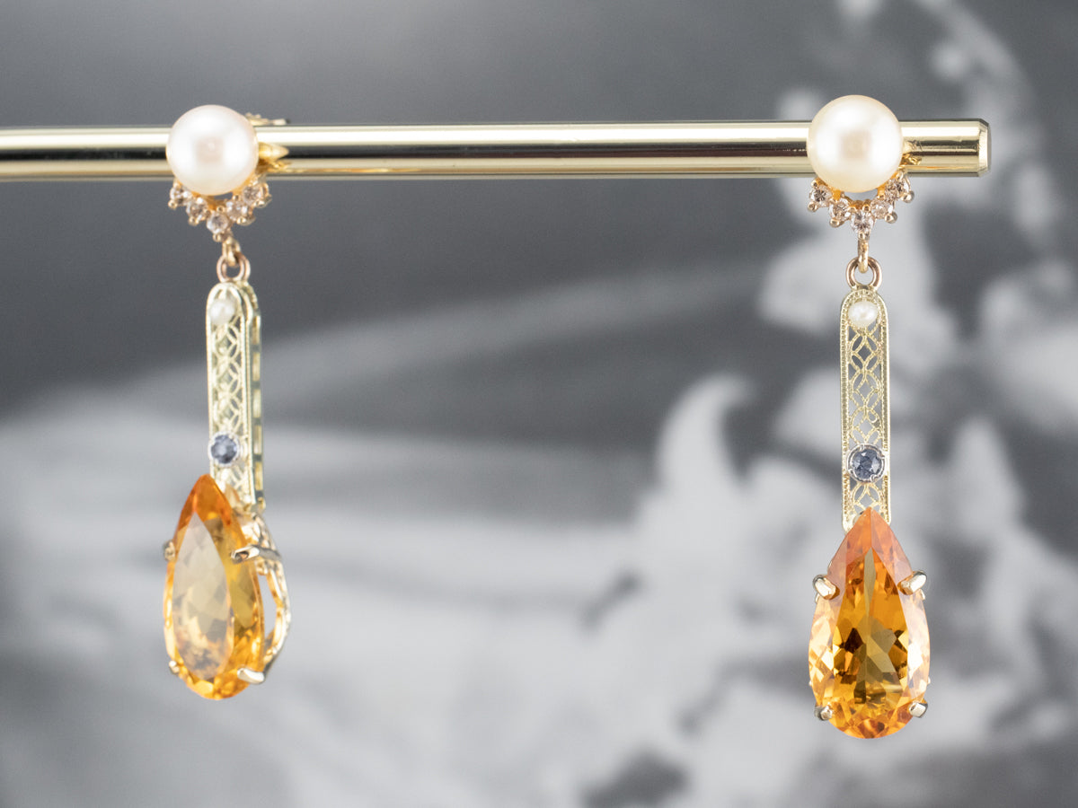 Citrine Pearl Gold Filigree Bar Drop Earrings