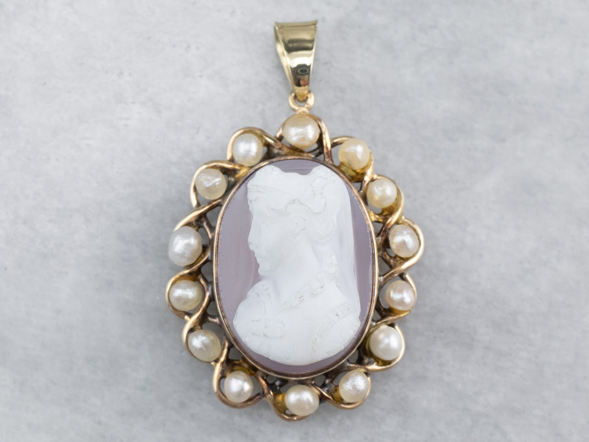Vintage Sardonyx Cameo Pearl Halo Gold Pendant