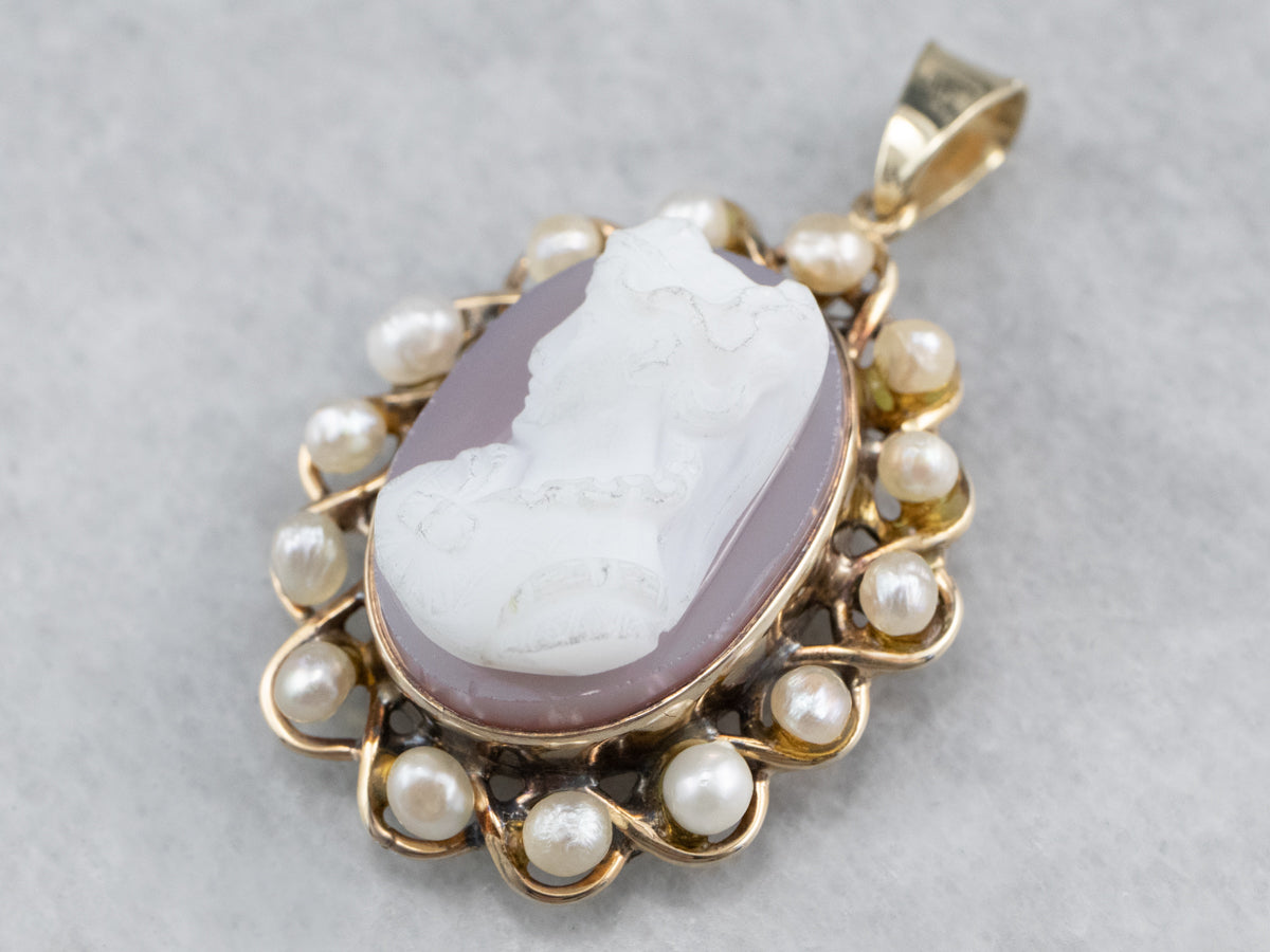 Vintage Sardonyx Cameo Pearl Halo Gold Pendant