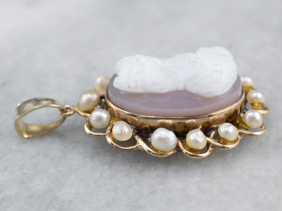Vintage Sardonyx Cameo Pearl Halo Gold Pendant