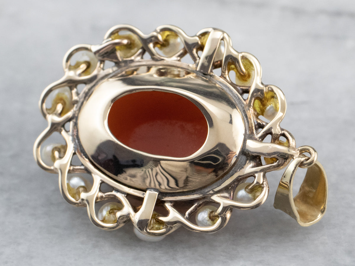 Vintage Sardonyx Cameo Pearl Halo Gold Pendant