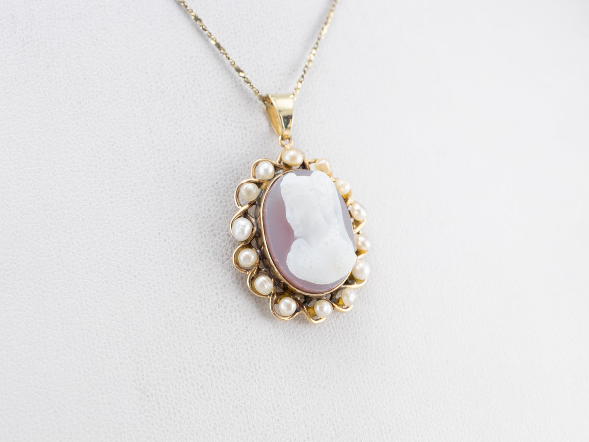 Vintage Sardonyx Cameo Pearl Halo Gold Pendant
