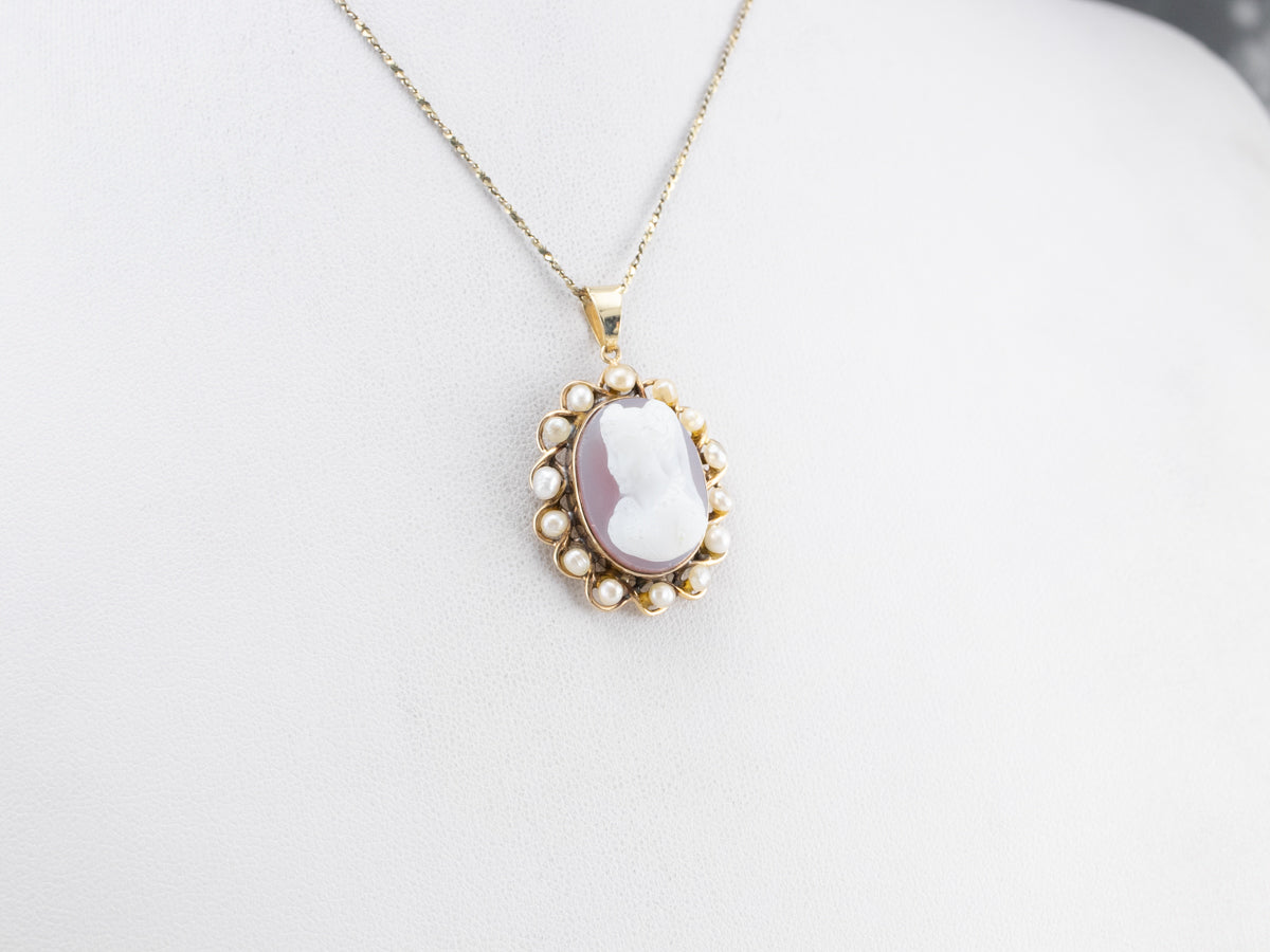 Vintage Sardonyx Cameo Pearl Halo Gold Pendant