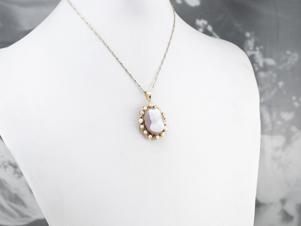 Vintage Sardonyx Cameo Pearl Halo Gold Pendant