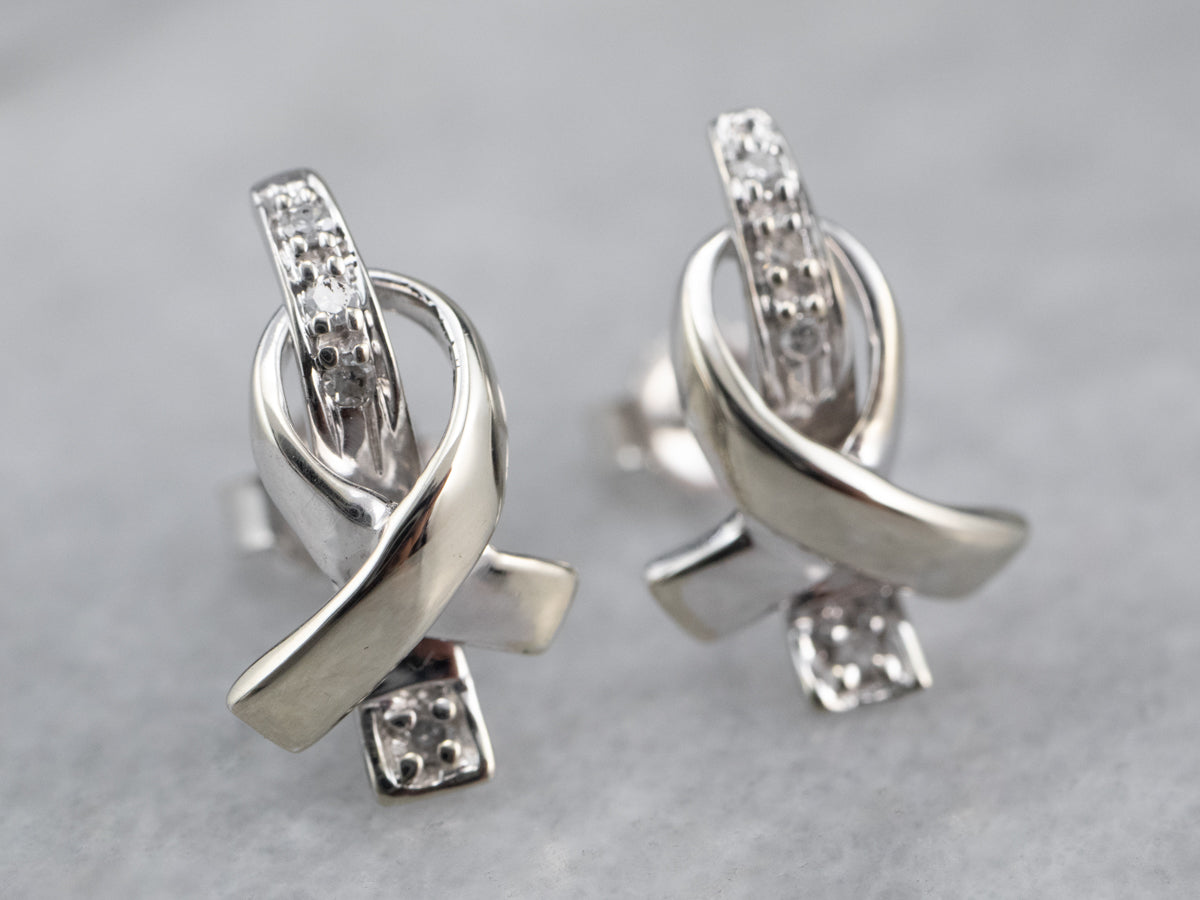 Gold Cancer Ribbon Diamond Stud Earrings