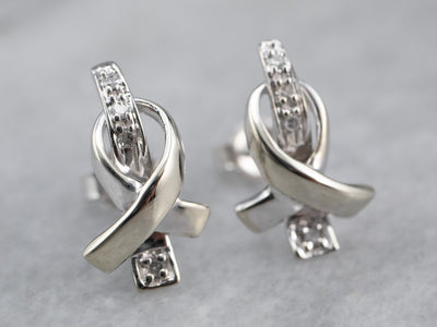 Gold Cancer Ribbon Diamond Stud Earrings
