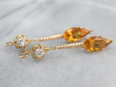 Gold Citrine and Diamond Drop Earrings