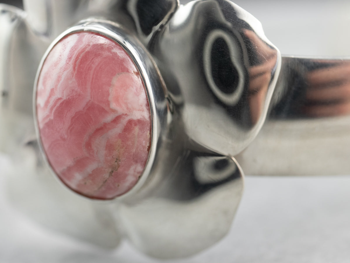 Rhodochrosite Floral Sterling Silver Cuff Bracelet